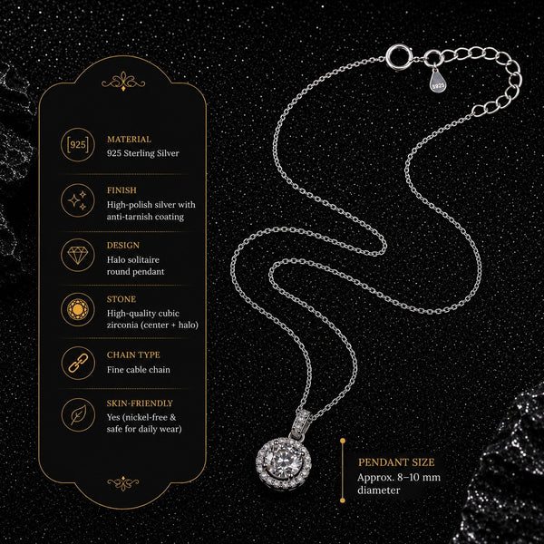 Elegant Halo Solitaire Pendant Necklace