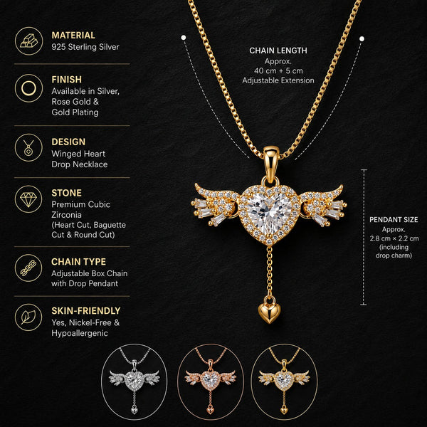 Wings Heart Drop Necklace -925 Sterling Silver