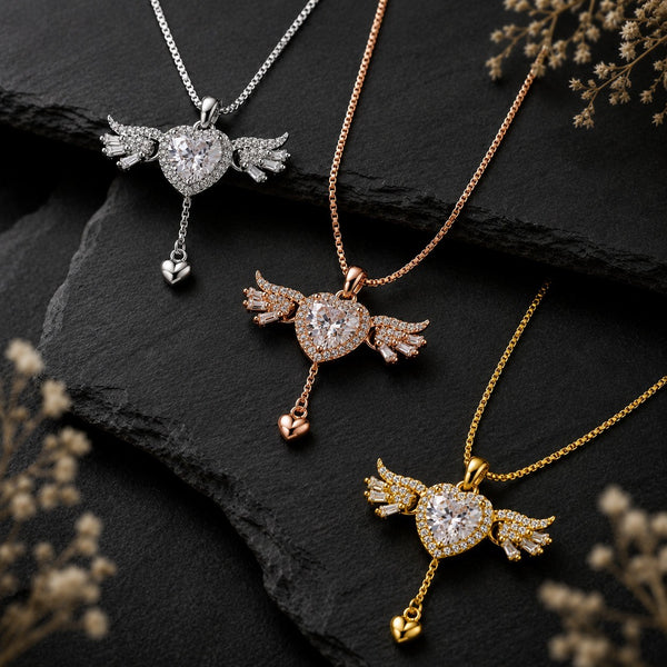 Wings Heart Drop Necklace -925 Sterling Silver