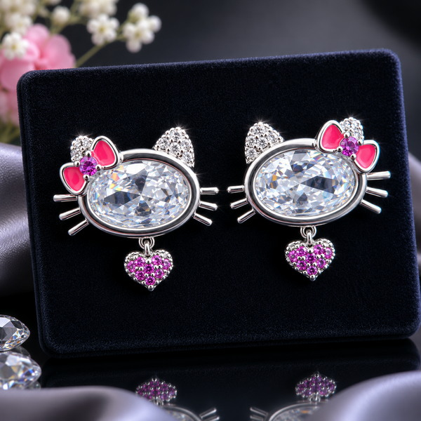 Crystal Kitty Heart Stud Earrings