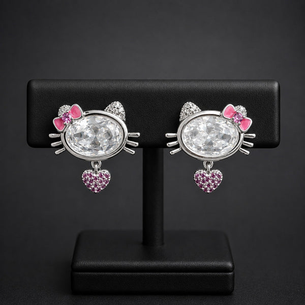 Crystal Kitty Heart Stud Earrings