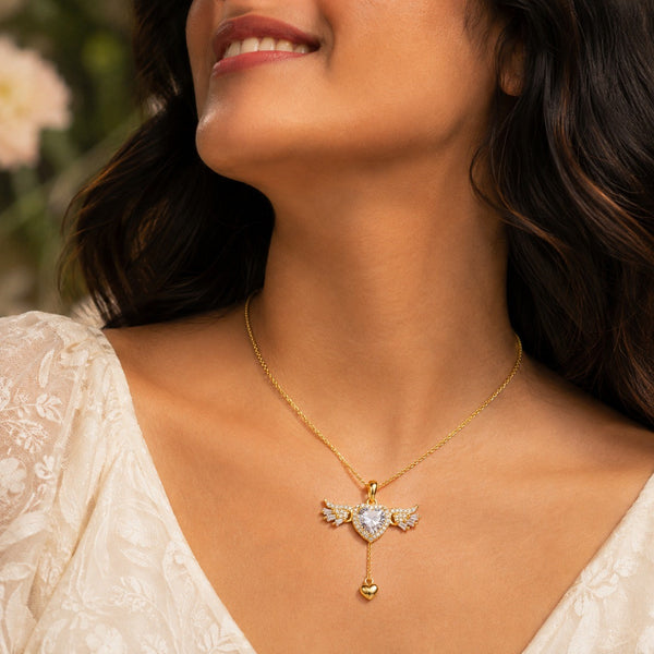 Wings Heart Drop Necklace in gold finish worn as everyday jewellery